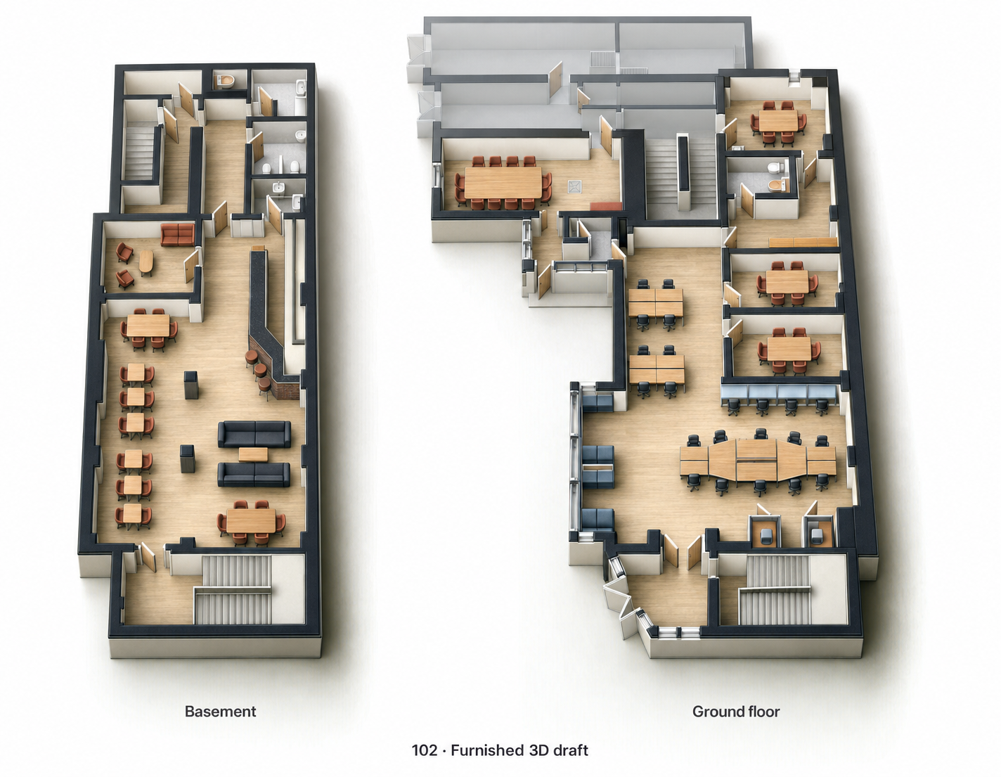 3D concept of the ground floor with shared desks and basement with lounge seating and refreshments counter